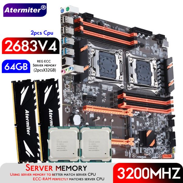 Cartes mères Aterter Dual x99 Carte mère avec LGA 20113 Xeon E5 2683 V4 * 2 avec 2pcs x 32 Go = 64 Go DDR4 3200MHz Mémoire de serveur kit combo kit combo kit combo