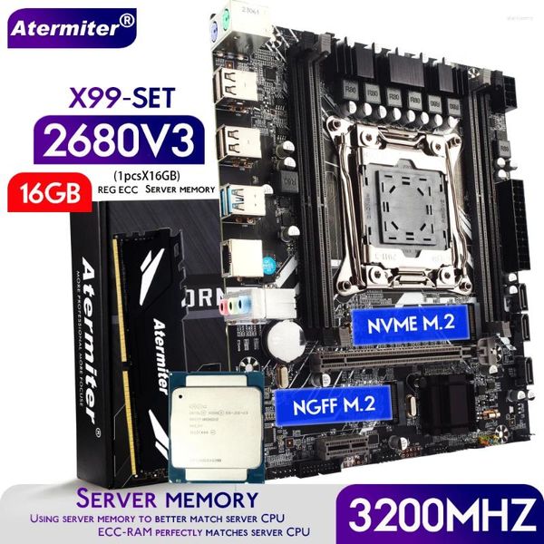 Placas base Atermiter X99 D4 Conjunto de placa base con Xeon E5 2680 V3 LGA2011-3 2680V3 CPU 16GB 3200MHz DDR4 REG ECC Memoria RAM NVME M.2