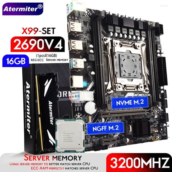 Placas base Atermiter X99 D4 Conjunto de placa base con Xeon E5 2690 V4 LGA2011-3 2690v4 CPU 16GB 3200MHz DDR4 REG ECC Memoria RAM