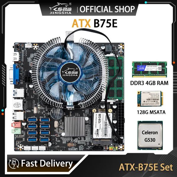 Cartes mères Kit de carte mère ATX Mining avec processeur G530 DDR3 4 Go de RAM MSATA 128 Go de ventilateur LGA 1155 8 USB3.0 VGA HD Port B75E Set Miner RigMotherboa