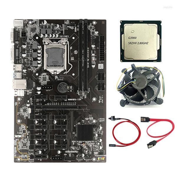 Cartes mères B250B BTC carte mère minière avec câble de commutateur de ventilateur de refroidissement CPU G3900 SATA 12 emplacement PCI-E LGA1151 DDR4 RAM SATA3.0