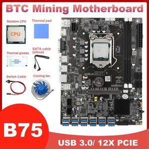 Placas base B75 12GPU BTC Miner placa base CPU ventilador grasa térmica/almohadilla Cable SATA interruptor 12USB3.0 a PCIE LGA1155 DDR3 MSATA