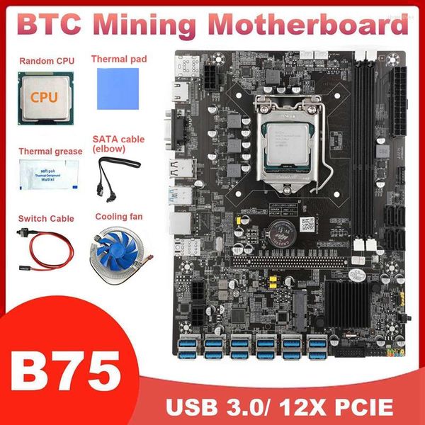 Cartes mères B75 12GPU BTC Miner carte mère ventilateur CPU graisse thermique/Pad câble SATA commutateur 12USB3.0 vers PCIE LGA1155 DDR3 MSATA
