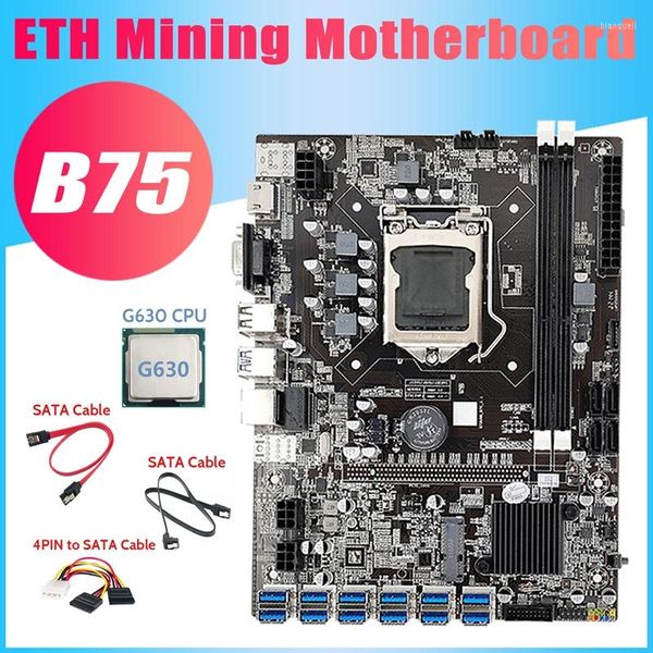 Placas base -B75 12USB ETH Minería Placa base G630 CPU 2XSATA Cable 4PIN A SATA 12USB3.0 B75 USB Miner