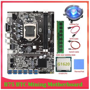 Cartes mères -B75 BTC Mining Motherboard 12 PCIE vers USB LGA1155 DDR3 4GB 1600Mhz RAM G1620 CPU Câble SATA B75 ETH Miner MiningMotherboards