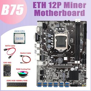 Cartes mères -B75 BTC Mining Motherboard 12 USB G630 CPU RGB Fan DDR3 8GB 1600Mhz RAM 128G SSD Switch Cable SATA