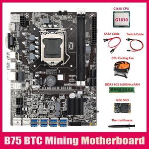 Cartes mères -B75 BTC Mining Motherboard 8XUSB3.0 G1610 CPU DDR3 4GB RAM 128G SSD Fan SATA Câble Commutateur Graisse Thermique