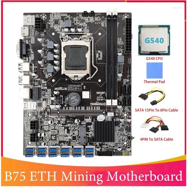 Cartes mères-B75 BTC carte mère minière avec G540 CPU 4PIN vers câble SATA LGA1155 12 PCIE USB MSATA DDR3 B75