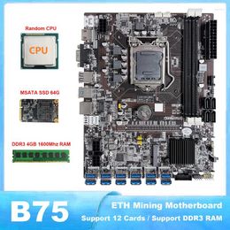 Moederborden B75 ETH Mijnbouw LGA1155 Moederbord 12 PCIE naar USB met willekeurige CPU MSATA SSD 64G (zwart)