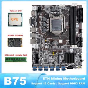Cartes mères B75 ETH Mining LGA1155 Carte mère 12 PCIE vers USB avec CPU aléatoire MSATA SSD 64G (Noir)