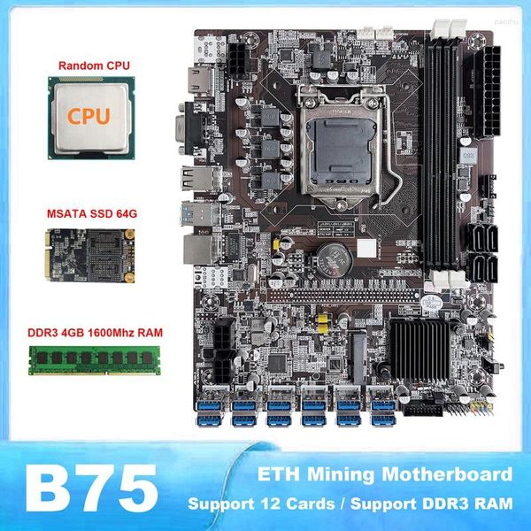 Placas base B75 ETH Mining LGA1155 Placa base 12 PCIE a USB con CPU aleatoria MSATA SSD 64G (Negro)