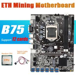 Cartes mères-B75 ETH carte mère minière 12 PCIE vers USB avec lumière de câble de commutateur CPU LGA1155 MSATA DDR3 B75 BTC