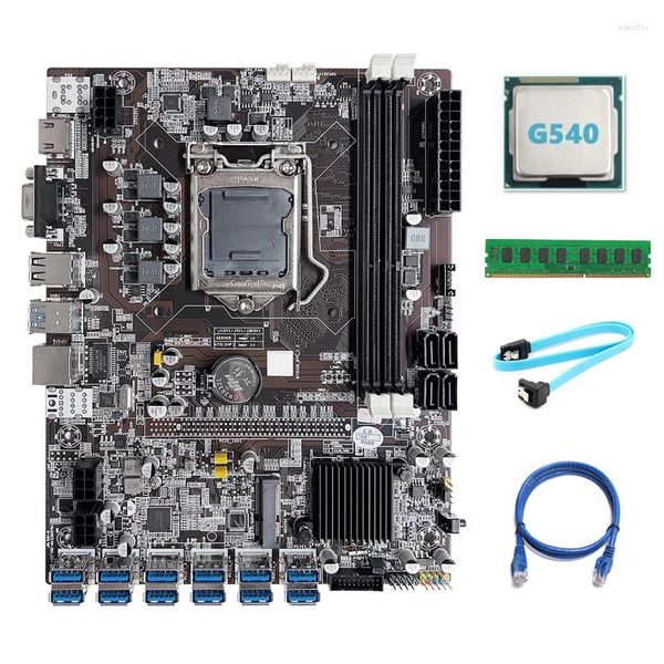 Placas base B75 ETH Mining Motherboard 12 PCIe a USB con CPU G540 DDR3 4GB 1600MHz Ram Cable SATA RJ45 Red