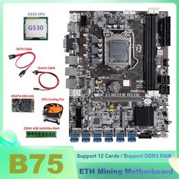 Cartes mères -B75 ETH Mining Motherboard 12XUSB G530 CPU DDR3 4GB 1600Mhz RAM MSATA SSD 64G Switch Cable SATA Cooling FanMotherboards