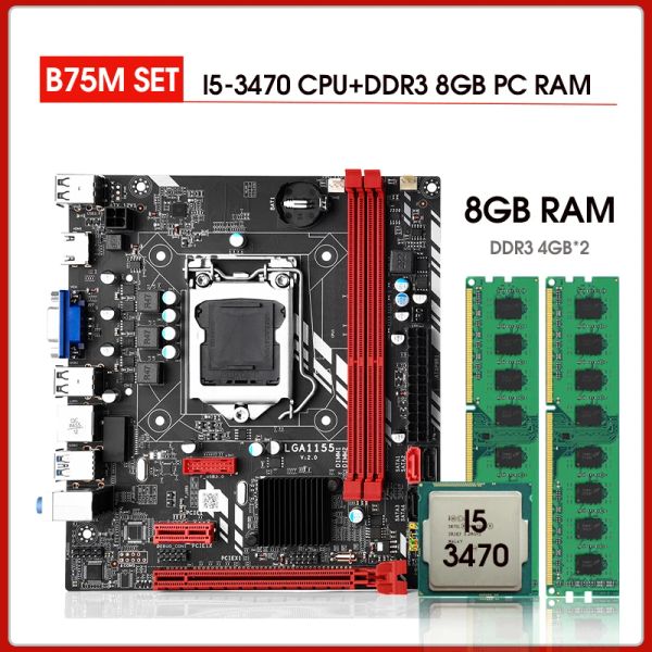 Cartes mères B75 Kit de carte mère et Intel Core i5 3470 CPU DDR3 2 * 4 Go = 8 Go 1600MHz Mémoire de bureau USB3.0 SATA3.0
