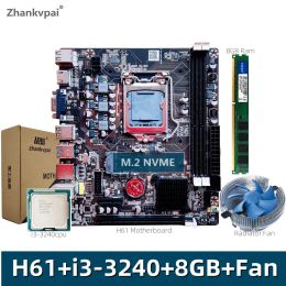 Cartes mères de bureau H61 Motherboard LGA1155 Intel Core Duo Four Threads I33240CPU 3,3 GHz + DDR3 8 Go 1600 Mémoire et Mute Radiator Suite