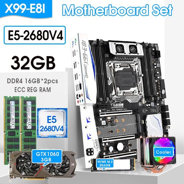 Placas base E8I KIT de placa base LGA2011-3 E5 2680 V4 Procesador 2 16GB 32GB REG Memoria 256GB M.2 SSD GTX1060 3GB Tarjeta gráfica CPU FANMother