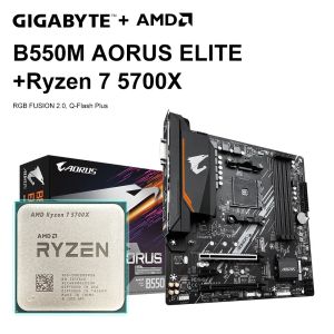 Cartes mères Gigabyte B550M Set de carte mère Aorus Elite + AMD Ryzen 7 5700X R7 5700X Processeur CPU DDR4 128 Go Socket AM4 M.2 SATA 4000 (OC) MHZ