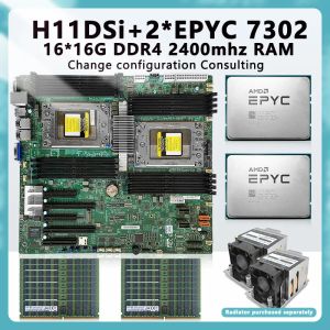 Moederborden h11dsi voor socket sp3 moederbord + 2* Epyc 7302 16C/32T 155W TDP CPU -processor + 16* 16 GB = 256 GB RAM DDR4 2400MHz RecC -geheugen