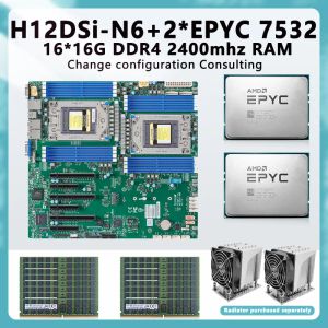 Cartes mères H12DSin6 Carte mère + 2 * EPYC 7532 32C / 64T 200W Processeur CPU + 16 * 16 Go = 256 Go RAM DDR4 2400MHz Mémoire pour H12DSI N6 Socket SP3