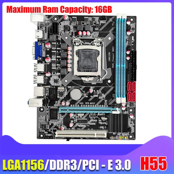 Placas base H55 PC PROBLOR 16GB Memoria Desktop Motherboard DDR3 RAM LGA 1156 Computer Motherboard SATA2.0 I3 530 I5 750 660CPU