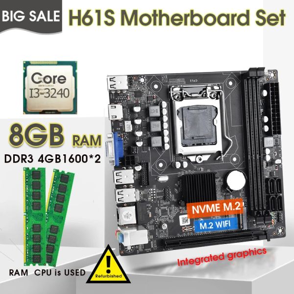 Placas base H61 Desktop Motherboard LGA1155 Conjunto con Intel Core i3 3240 y 2pcs x 4GB = 8GB 1600MHz DDR3 Memoria de escritorio