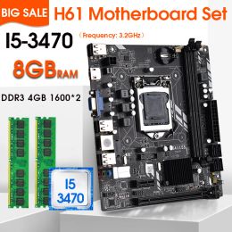 Cartes mères H61 LGA 1155 Kit de carte mère avec processeur i5 3470 et DDR3 4 Go * 2pcs = 8 Go PC RAM 1600MHz