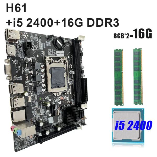 Cartes mères H61 LGA 1155 Kit de carte mère avec processeur i5 2400 et DDR3 8 Go * 2pcs = 16 Go PC RAM 1600MHz Mémoire combo