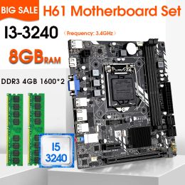 Cartes mères H61 LGA 1155 Ensemble de carte mère avec I3 3240 CPU et DDR3 2 * 4GB = 8 Go PC RAM 1600MHz Carte graphique intégrée