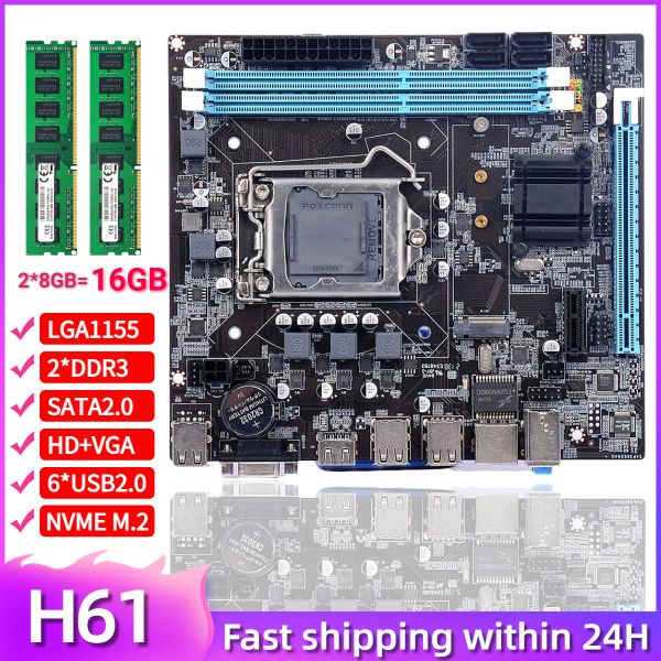 Cartes mères H61 Kit de carte mère avec 2 * 8 Go = 16 Go DDR3 RAM 1600MHz Mémoire Microatx NVME M.2 WiFi SATA2.0 USB2.0 LGA 1155 H61 Placa MAE Set