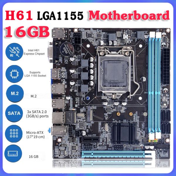 Cartes mères H61 Cartes mères LGA 1155 DDR3 Mémoire 16 Go Matx Desktop Mainbord pour LGA1155 Socket Core i3 i5 i7 CPU HDMI VGA Board principal