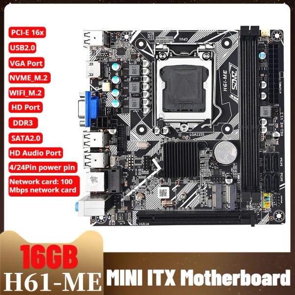 Cartes mères H61ME 16GB Mini Itx Motorard LGA 1155 Prise en charge des ports Bluetooth NVME M.2 et WiFi VGA / HD / SATA2.0 PC DDR3 Base