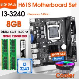 Cartes mères H61S LGA 1155 Ensemble de carte mère avec I33240 CPU et DDR3 2 * 4GB = 8 Go PC RAM 1600 MHz avec refroidisseur CPU et 128 Go M.2 SSD