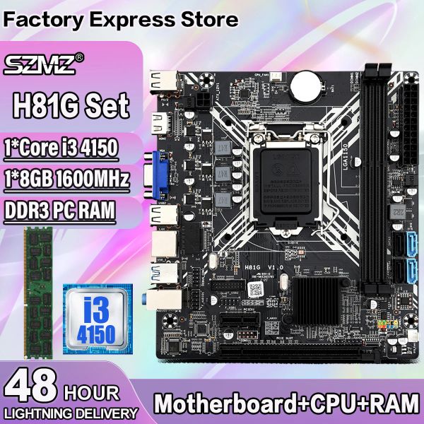 Cartes mères H81 Kit de carte mère LGA 1150 avec processeur Core i3 4150 + 1 * 8 Go = 8 Go DDR3 Memory HD Affichage Vga Placa Mae 1150 Plaque PC de jeu