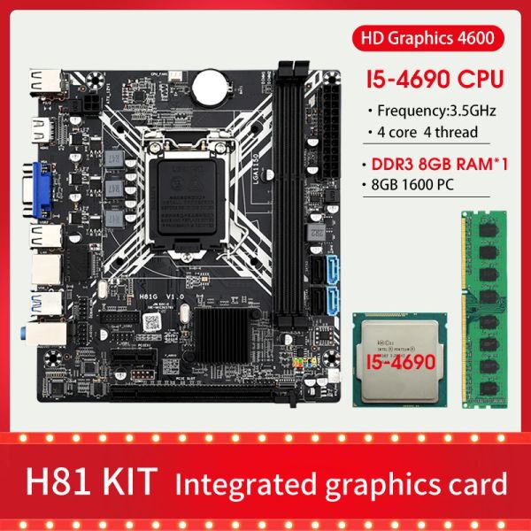 Cartes mères H81 Kit de carte mère LGA 1150 avec Core i5 4690 Processeur DDR3 8 Go 1600MHz PC RAM Memory USB3.0 SATA3.0 Card graphique intégrée