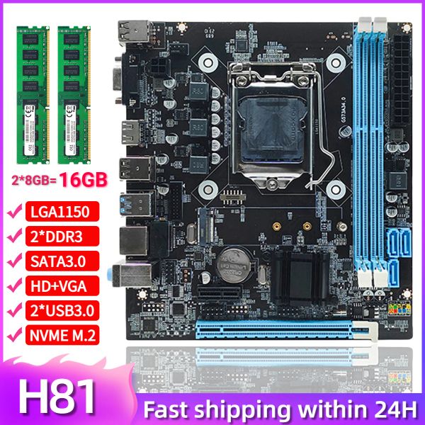 Cartes mères H81 Kit de carte mère avec 2 * 8 Go DDR3 1600MHz 16 Go RAM Memory Sata 3.0 2.0 HD + VGA M.2 NVME / NGFF Microatx LGA1150 Placa MAE Set