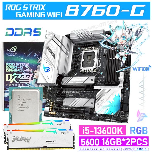 Placas base Intel B760 DDR5 Placa base blanca LGA 1700 ASUS ROG STRIX B760G Gaming Wifi 6E + I5 13600K CPU con traje RAM 32GB 5600MHz RGB