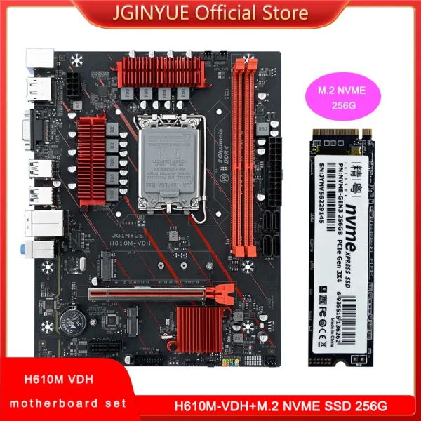 Cartes mères Jginyue H610 LGA1700 Cartes mères Combo Set M.2 NVME SSD 256G DDR4 Mémoire à double canal Nouveau bureau H610MGAMING