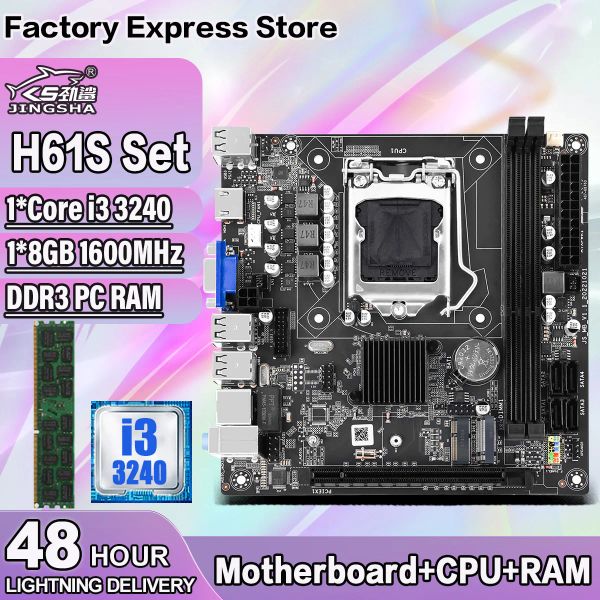 Cartes mères Kit de carte mère ITX Jingsha H61 avec processeur Core i3 3240 et 1 * 8 Go = 8 Go DDR3 Memory H61S Set Placa Mae LGA 1155
