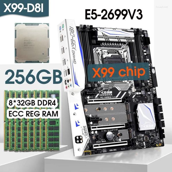 Cartes mères Jingsha X99 D8I KIT de carte mère Xeon E5 2699 V3 LGA 2011-3 CPU 8PCS X 32GB 256GB 2133MHz DDR4 Mémoire ECC REG prend en charge la puce