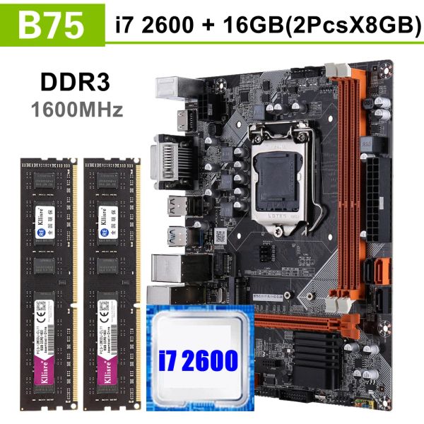 Placas base Kllisre B75 Kit Motherboard Conjunto con Core i7 2600 2 x 8GB = 16GB 1600MHz DDR3 Memoria de escritorio NVME M.2 USB3.0 SATA3