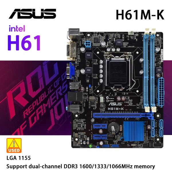 Cartes mères LGA 1155 Carte mère ASUS H61MK utilise Intel H61 Chipset 2x DDR3 DIMM 16GB 00/1333 / 1066MHz PCIE 3.0 4XSATA II 1 X VGA Micro ATX