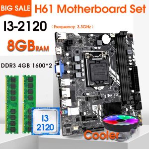 Cartes mères LGA1155 H61 Mmotherboard Ensemble avec Intel Core i3 2120 2PCSX4GB = 8 Go 1600 MHz DDR3 Mémoire avec refroidisseur