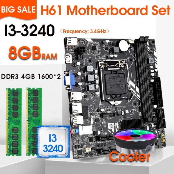 Cartes mères LGA1155 H61 Kit de carte mère avec processeur Intel Core i3 3240 2pcsx4gb = 8 Go 1600 MHz DDR3 Mémoire et ventilateur CPU