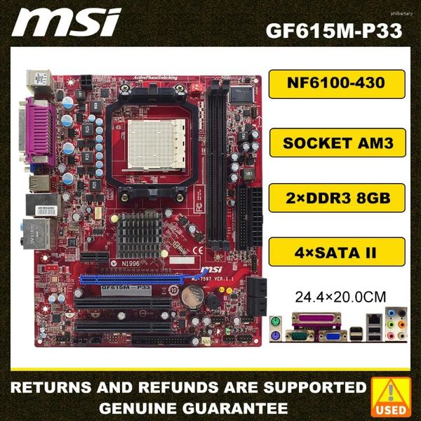 Boards mères MSI GF615M-P33 NF6100-430 SOCKET AM3 SUPPORT PHENOM II X3 / X4 et Athlon X2 / X3 / X4 DDR3 PCI-E X16 SATAII VGA Micro ATX