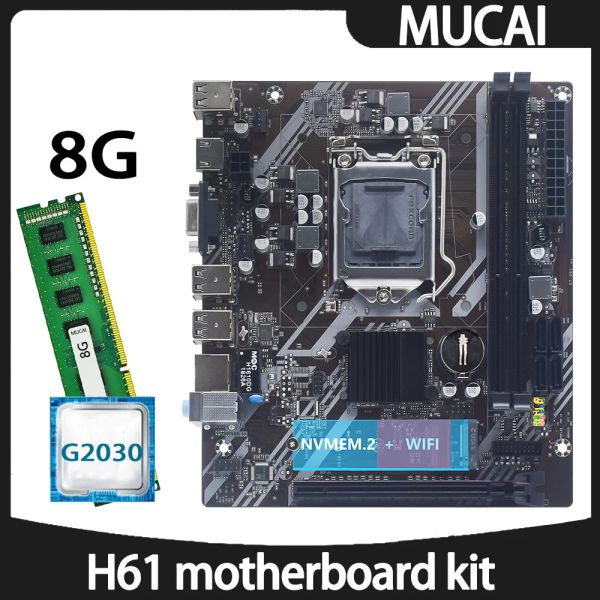 Cartes mères Mucai H61 Motherboard DDR3 8 Go 1600 MHz Mémoire de RAM avec Intel Pentium G2030 CPU Processeur et LGA 1155 Kit Set PC Computer