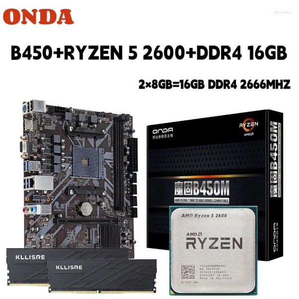 Cartes mères ONDA B450 Kit de carte mère avec processeur Ryzen 5 2600 R5 DDR4 16 Go (2 8 Go) 2666 MHz Mémoire AM4 B450M Set