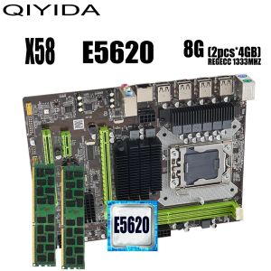 Cartes mères Qiyida x58 Kit de jeu de combo de carte mère weith lga1366 Xeon E5620 CPU Processeur et DDR3 2 * 4GB = 8 Go de mémoire RAM