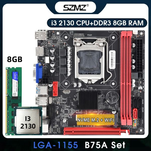 Cartes mères SZMZ LGA 1155 Kit de carte mère B75A avec processeur Core i3 2130 et 8 Go DDR3 Memory B75 Placa MAE Set Combo