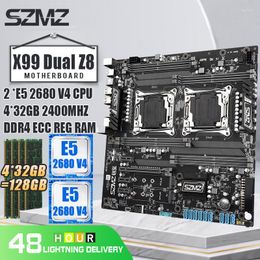 Cartes mères SZMZ X99 Dual Z8 Carte mère Socket LGA 2011-3 Set avec 2 Pcs Xeon E5 2680 V4 CPU et 4 32GB DDR4 2400MHZ ECC REG RAM Kit